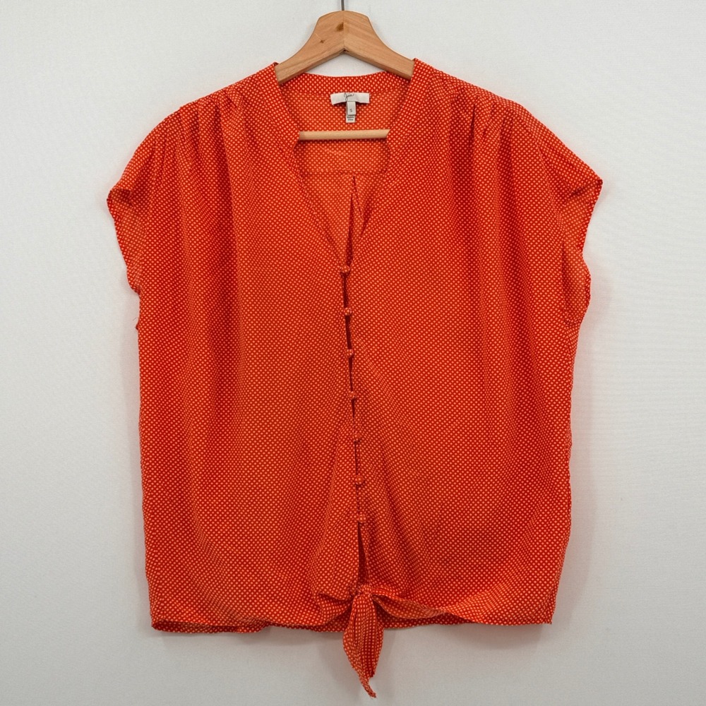 Joie Silk Blouse Women Small Orange White Diamond Print Tie Front French Girl